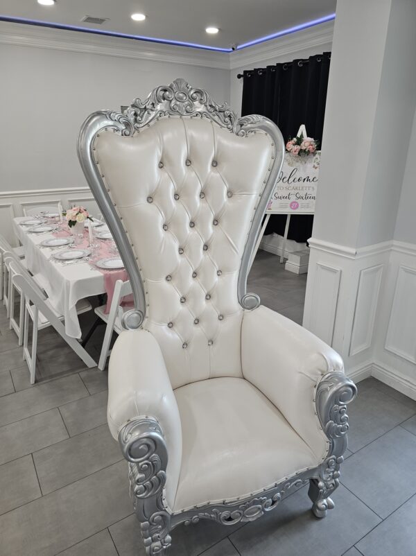 Silver Queen Tiffany throne provided by PMT Party Services Group in Staten Island, New York