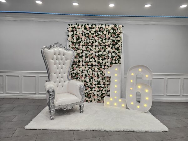 Silver Queen Tiffany throne provided by PMT Party Services Group in Staten Island, New York