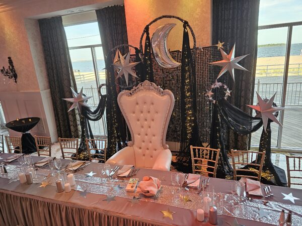 Silver Queen Tiffany throne provided by PMT Party Services Group in Staten Island, New York