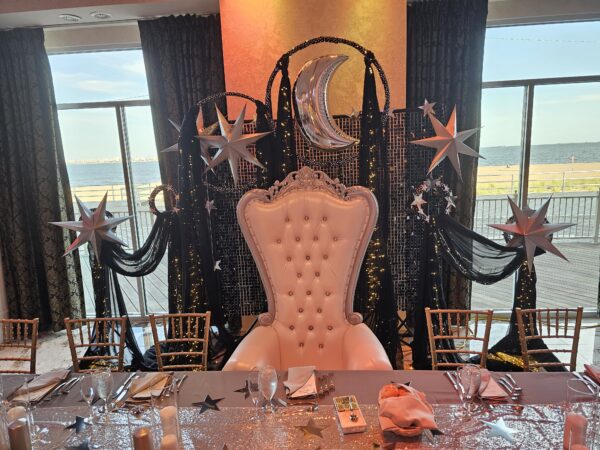 Silver Queen Tiffany throne provided by PMT Party Services Group in Staten Island, New York