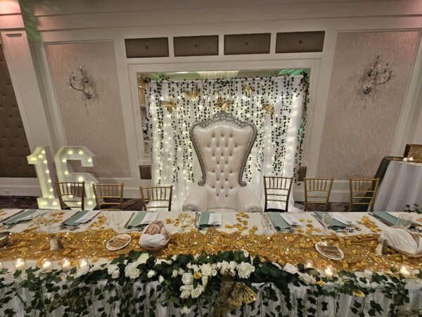 Silver Queen Tiffany throne provided by PMT Party Services Group in Staten Island, New York