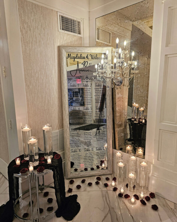 Migdalia and Willie's 40th Anniversary with guest names in black vinyl surrounded by glass cylinders with floating candles and burgundy-colored roses and runner