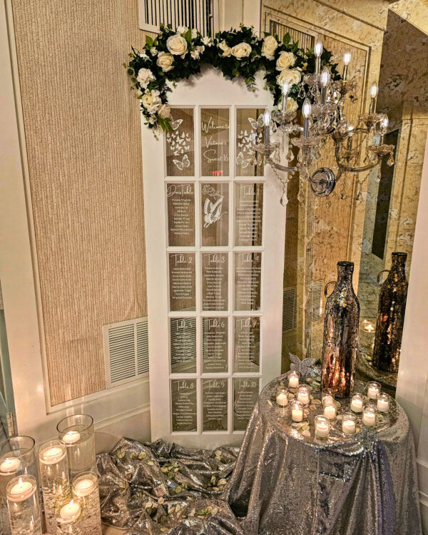 Decorations, welcoming sign and guest chart, candle ceremony, Queen Tiffany throne, table setup, centerpieces, gold pedals for Victoria's Sweet 16 in Staten Island, New York at the Grand Plaza done by PMT Party Services Group